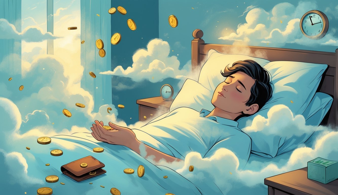 A person sleeping peacefully in bed with dream-like clouds above showing coins and bills slipping away from their hands.