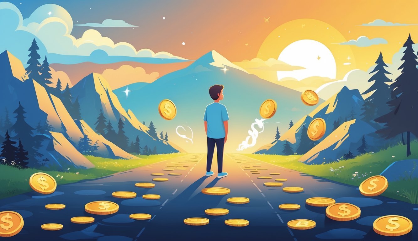A person standing at a crossroads in nature, with one path leading to a bright sunrise and the other scattered with fading coins, symbolizing reflection on losing money in a dream.