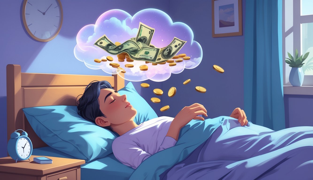 A person sleeping in bed with a dream bubble above their head showing money slipping through open hands.