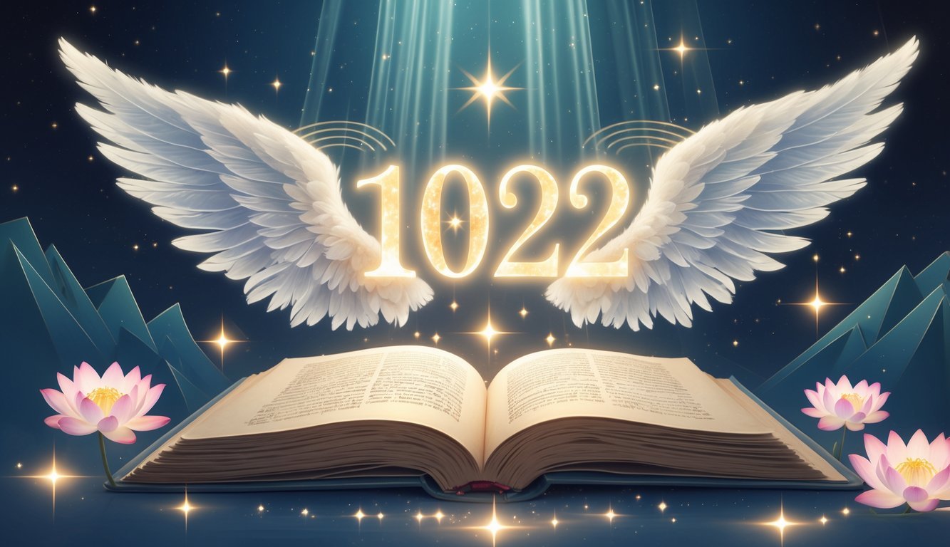 A glowing number 1022 floating above an open ancient book with angelic wings and a twilight sky filled with stars in the background.