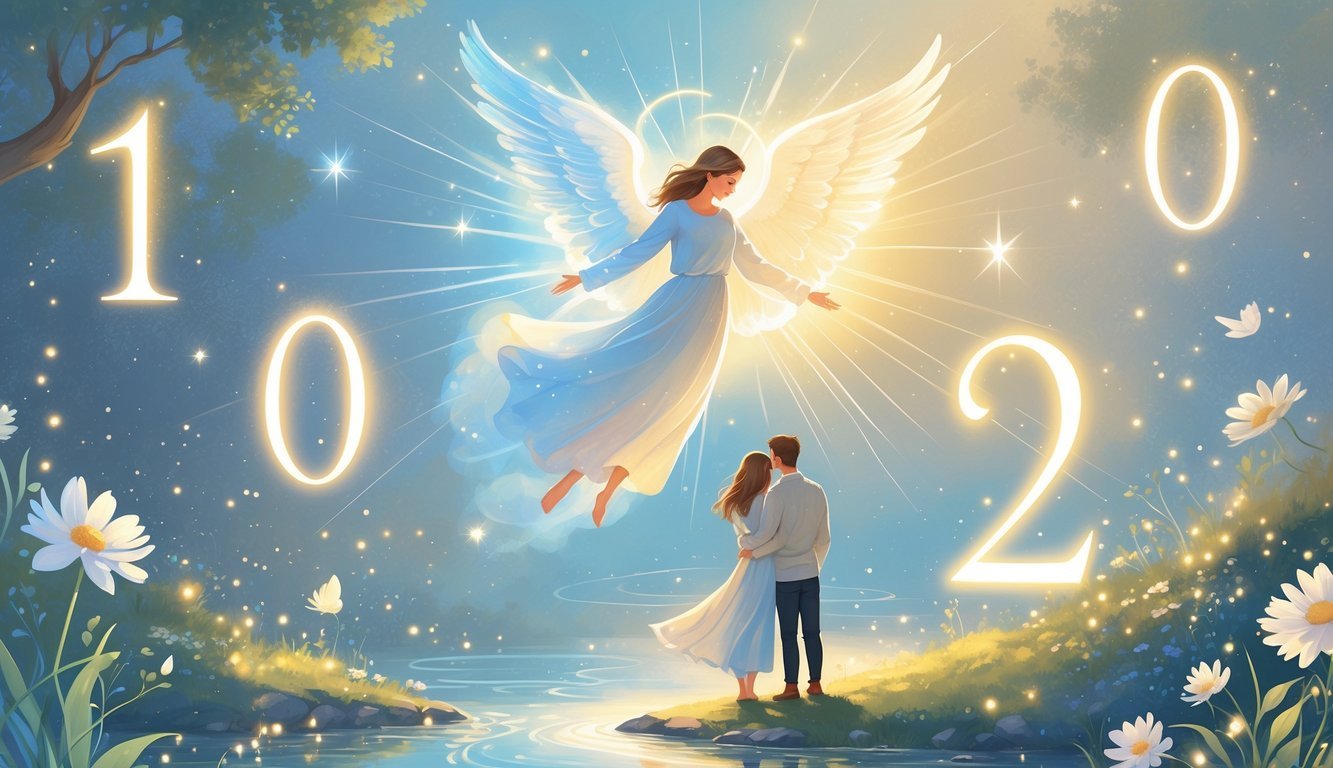 An angelic figure hovering above a couple surrounded by glowing numbers and a peaceful natural background, symbolizing spiritual guidance and harmonious relationships.