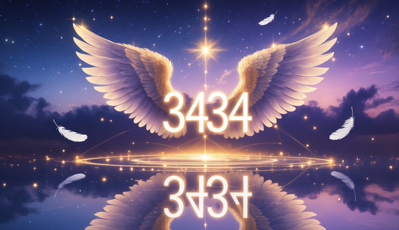 A glowing number 3434 floating above calm water surrounded by angel wings, feathers, and a starry twilight sky with beams of light.
