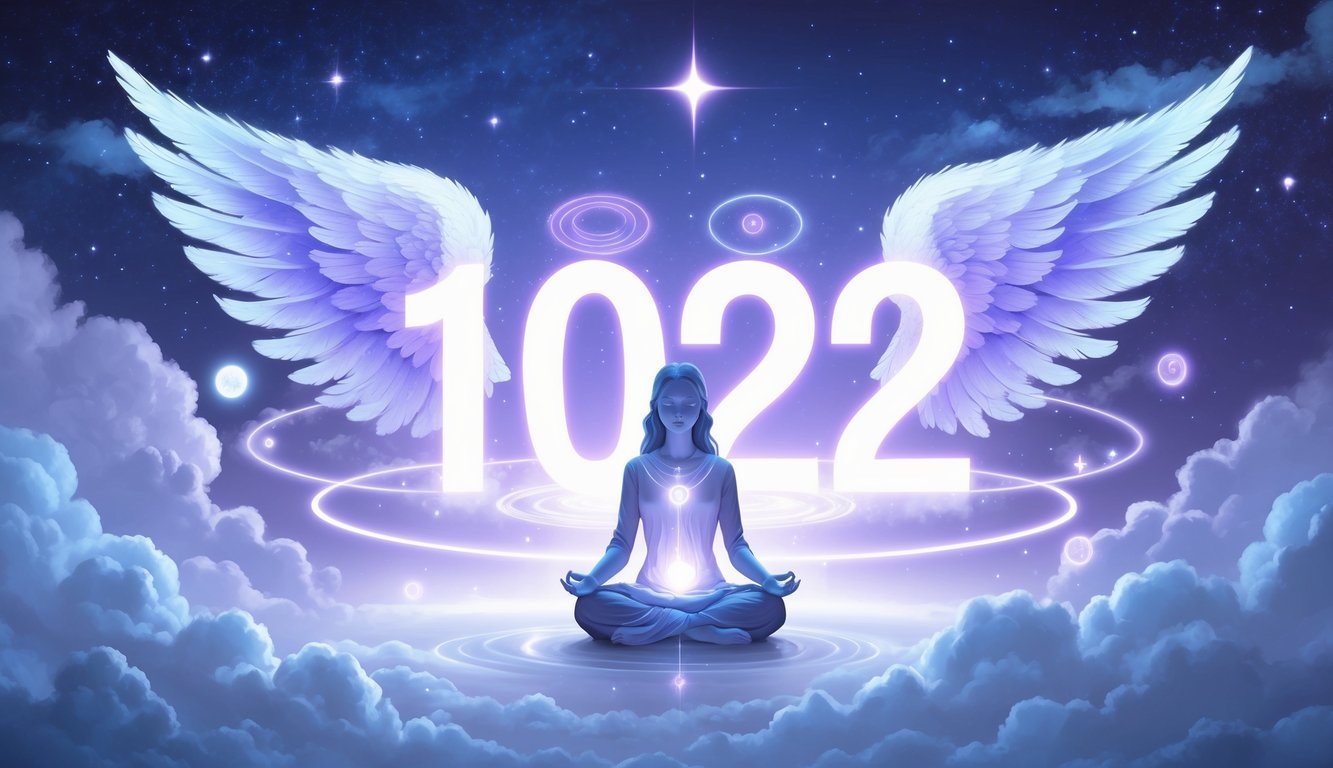 A peaceful figure meditating with glowing angel wings and the number 1022 shining softly in a celestial sky filled with clouds and light.
