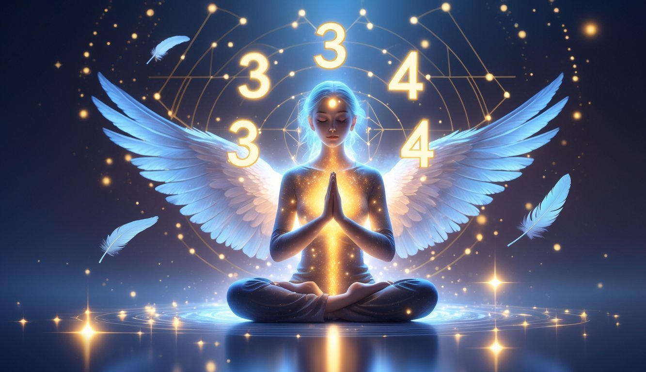 A glowing figure meditates surrounded by floating numbers and geometric patterns with soft light and spiritual symbols.