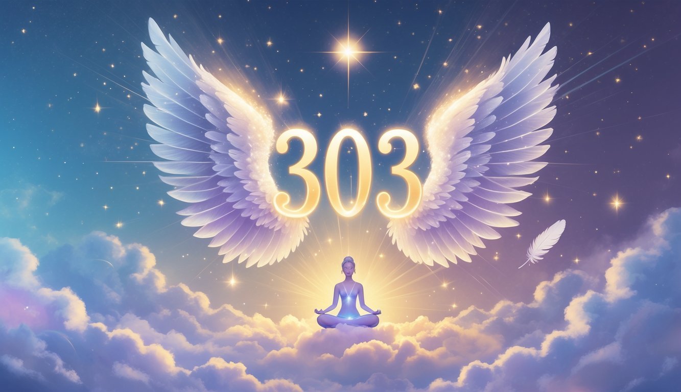 A glowing number 303 surrounded by angel wings above a meditating figure on a cloud, with stars, lotus flowers, and feathers in a peaceful, celestial setting.