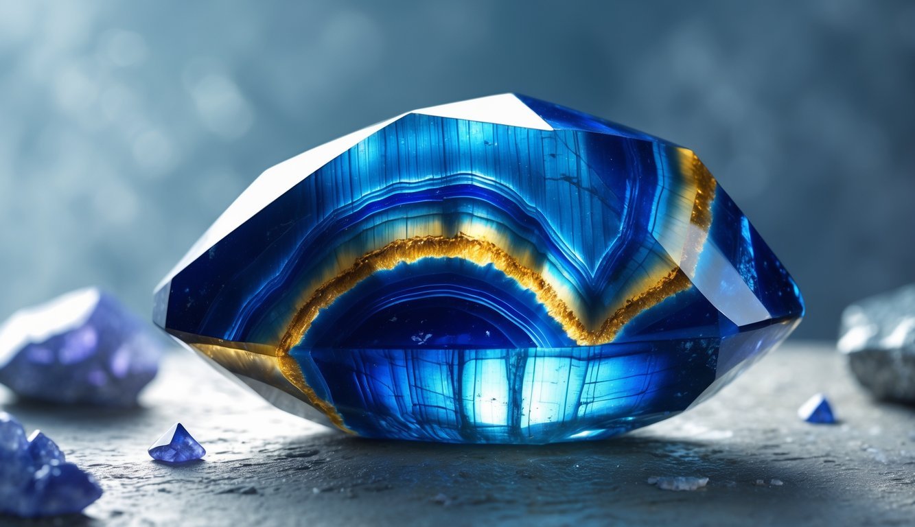 A polished Blue Tiger's Eye gemstone with blue and golden bands, resting on a textured rock surface with small mineral crystals around it.