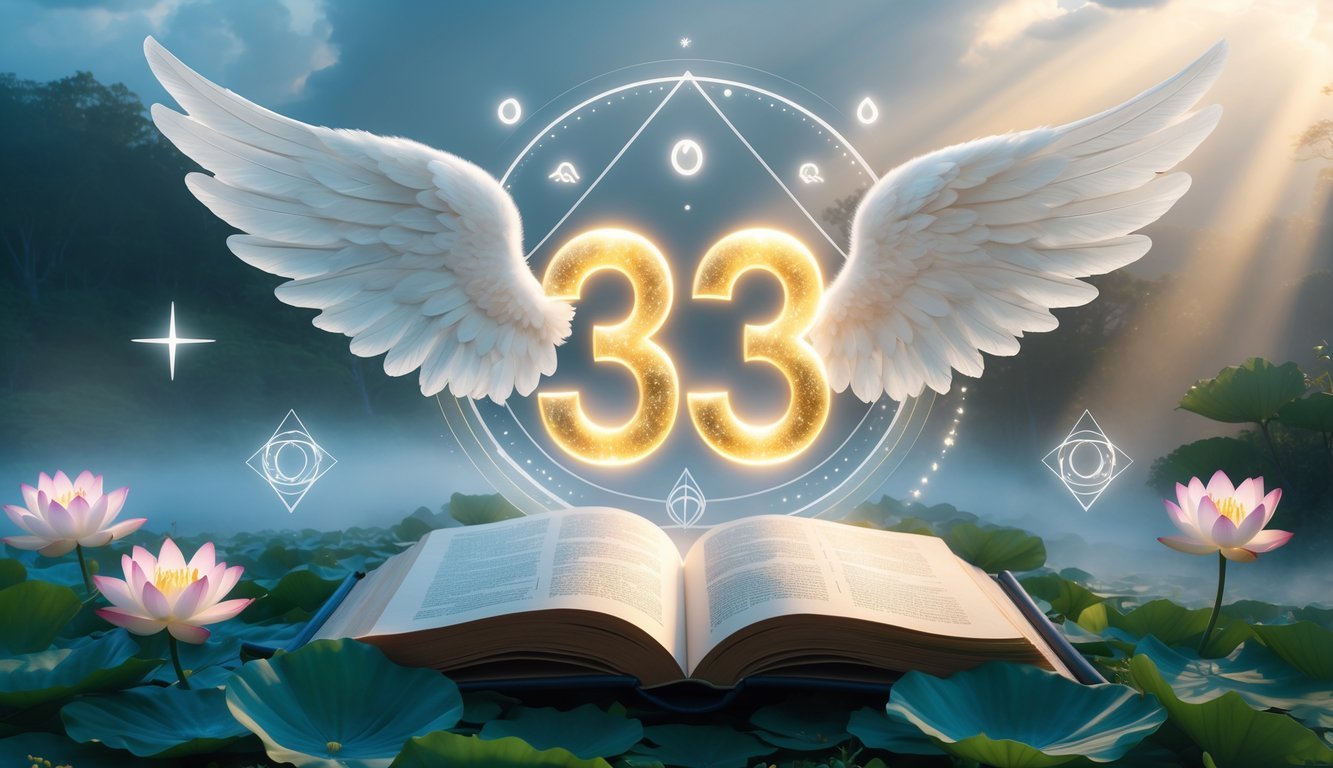 A glowing number 303 with angel wings floats above an open book in a peaceful sunrise landscape with lotus flowers and soft light orbs.