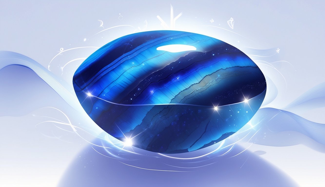 A polished blue tiger's eye gemstone glowing softly with light and surrounded by subtle energy waves and mystical symbols.