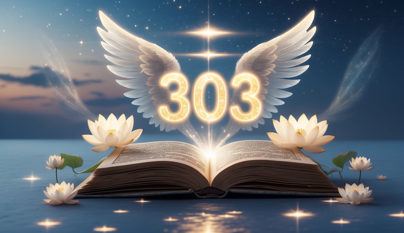 A glowing number 303 floating above an open ancient book with angel wings and stars in a peaceful twilight sky.