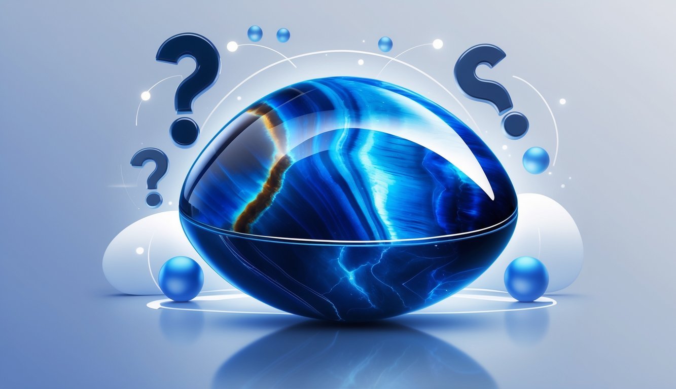 A detailed blue tiger's eye gemstone surrounded by abstract question marks and glowing orbs on a blue-gray background.