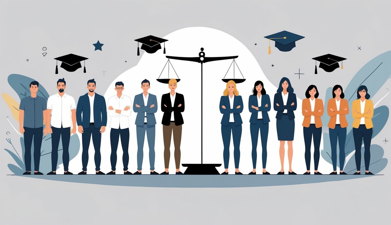 Two groups of adults, fathers on one side and mothers on the other, standing equally balanced on a scale representing equal leadership opportunities.