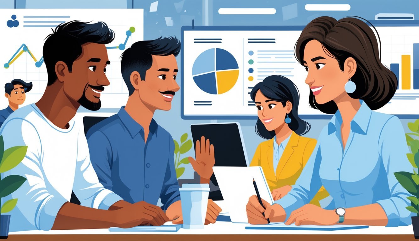 A father and a mother working together in a modern office, both engaged in leadership activities, representing equal opportunities.