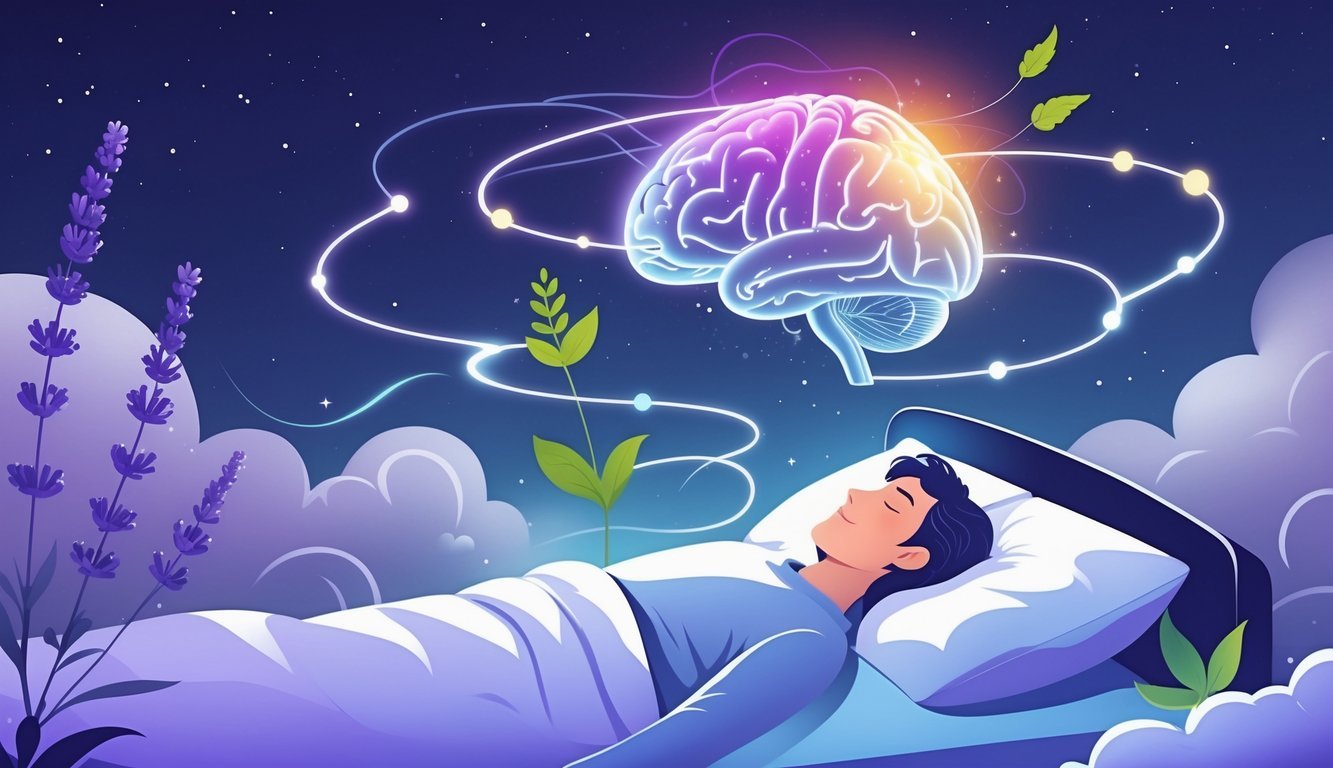 A person sleeping peacefully with a glowing brain above them surrounded by natural supplement ingredients and dreamy clouds.