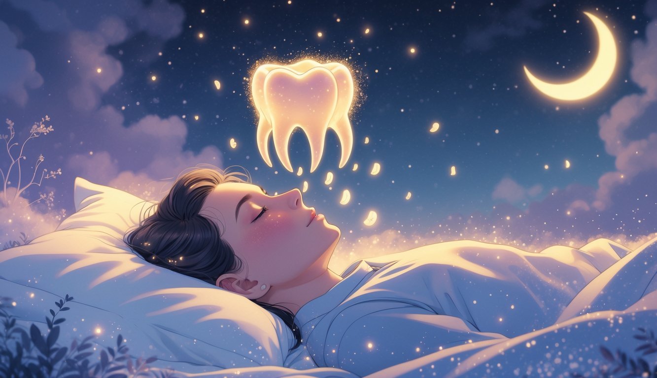 A person sleeping peacefully with glowing teeth floating above them dissolving into sparkles, surrounded by a calm night sky with stars and a crescent moon.