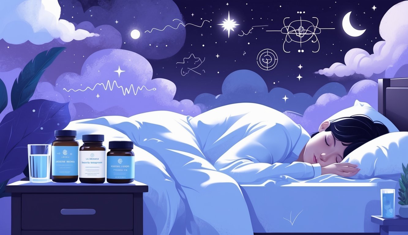 A peaceful bedroom scene showing supplement bottles on a bedside table next to a sleeping person surrounded by dreamlike clouds and glowing symbols.