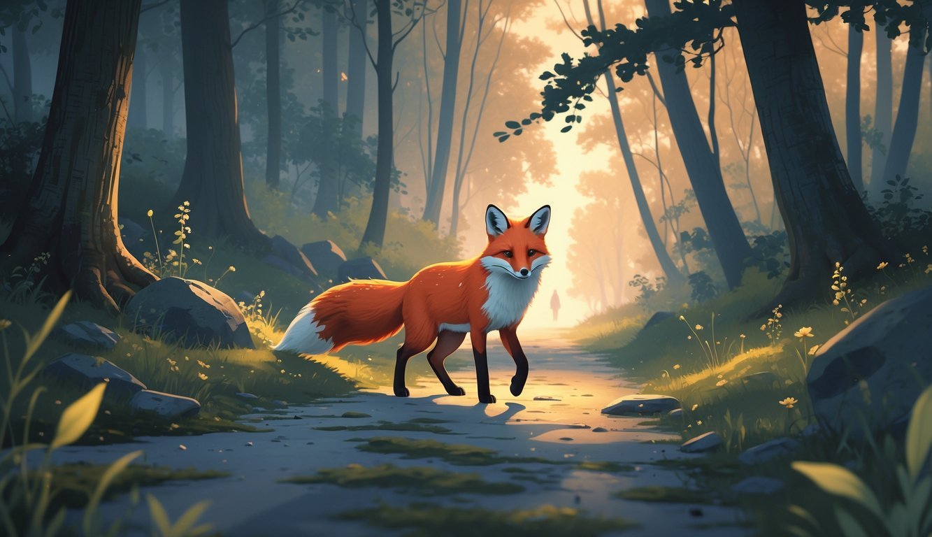 A red fox crossing a forest path surrounded by trees and natural foliage at twilight.