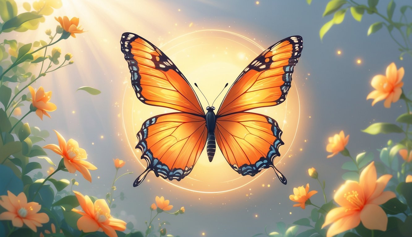 An orange butterfly flying among flowers and green leaves with sunlight shining through.