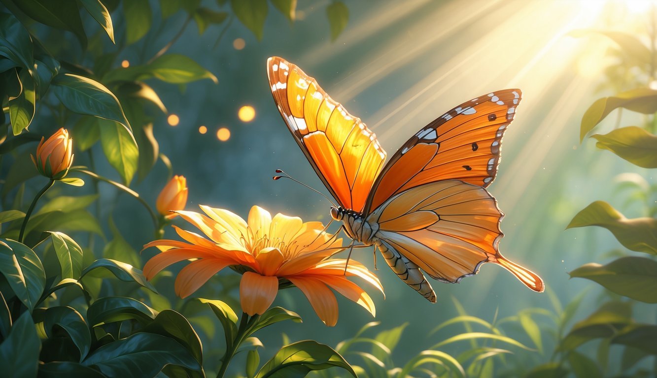 An orange butterfly resting on a flower surrounded by green leaves and soft sunlight, with faint glowing orbs in the background suggesting a peaceful, spiritual atmosphere.