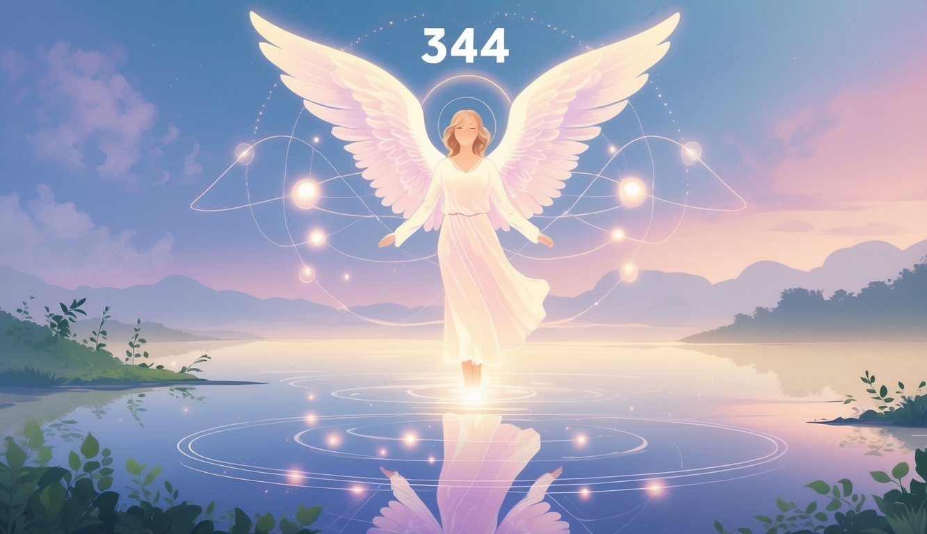A glowing angelic figure hovers over a calm landscape with soft pastel skies, light orbs, and symbols of growth and stability surrounding it.