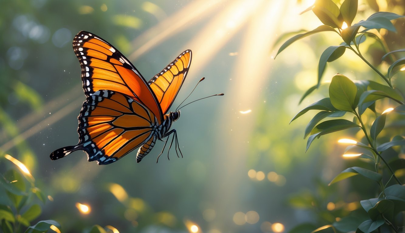 An orange butterfly flying near green leaves with soft sunlight in the background.