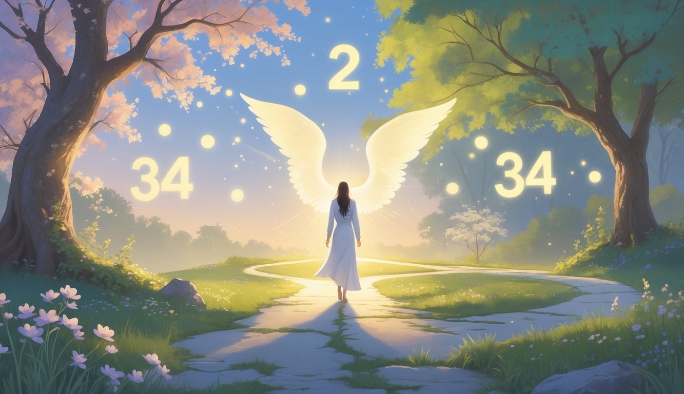 A person standing at a crossroads in a peaceful natural setting with glowing symbols and soft sunlight, surrounded by blossoming flowers and a winding path leading forward.