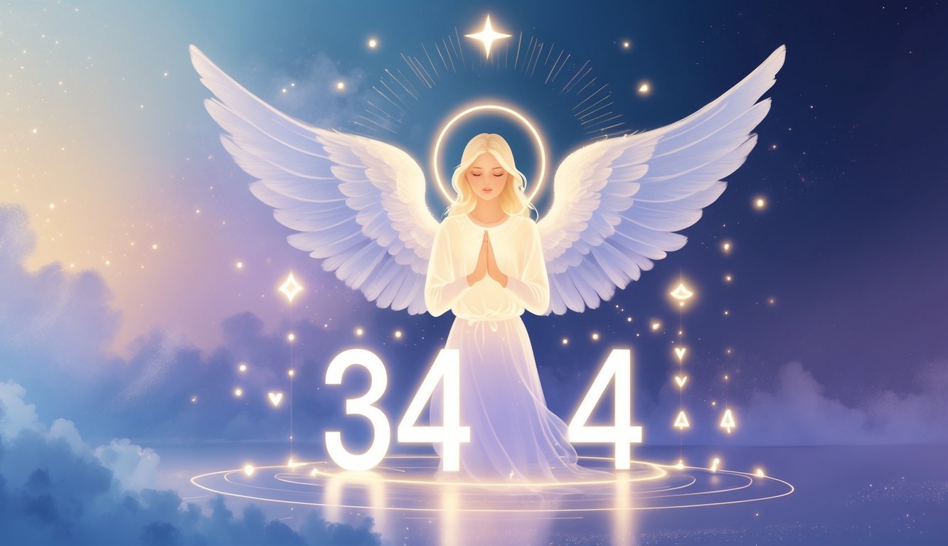 An angelic figure with glowing wings surrounded by floating numbers 3, 4, and 4, set against a calm, celestial background with stars and soft light.