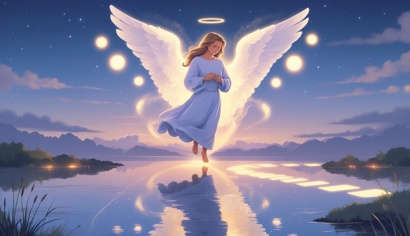 An angelic figure hovering over calm water at twilight with two people holding hands in the foreground and a glowing path leading toward a bright horizon.