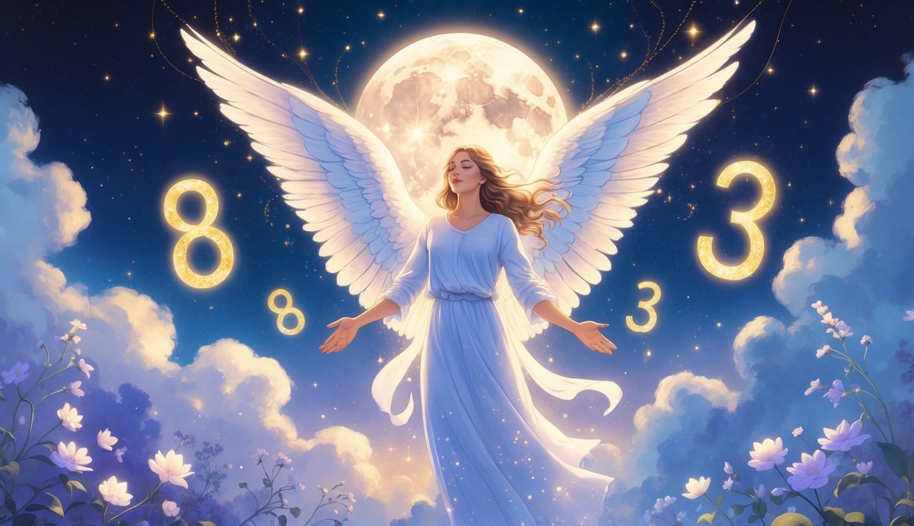An angelic figure with glowing wings releases shimmering particles forming the numbers 8, 3, and 3 in a starry night sky surrounded by blooming flowers and soft light.