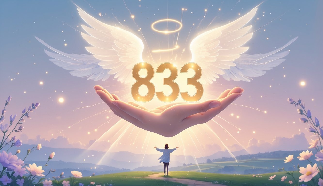 A glowing number 833 floating above an open hand with angel wings in the sky, a person standing on a hill with arms raised surrounded by light and nature.