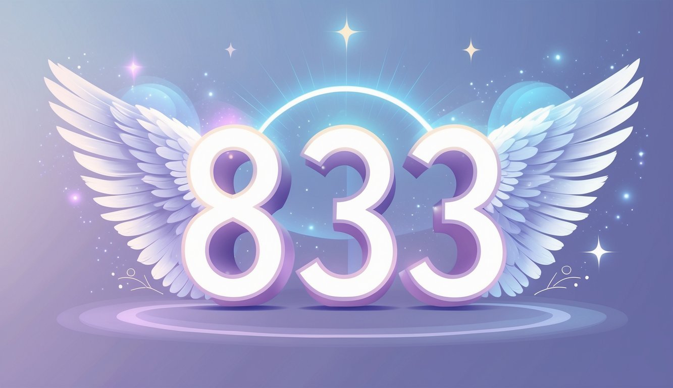 Glowing numbers 8, 3, and 3 surrounded by soft light, stars, and angel wings against a calming blue and purple background.