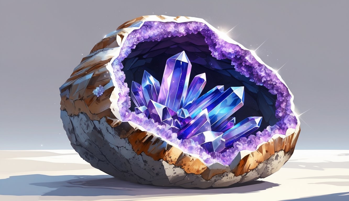 A cross-section of a crystal geode showing a rough outer surface and a sparkling cluster of colorful crystals inside.