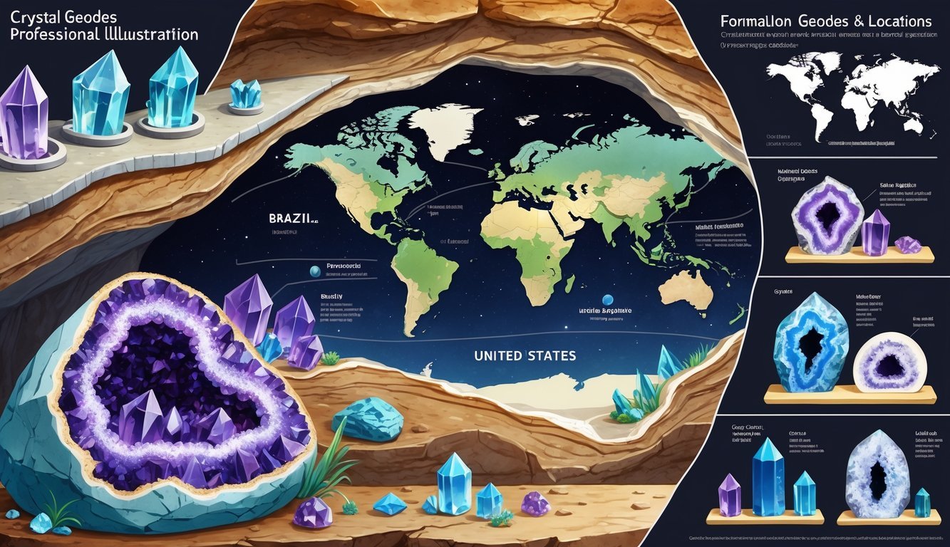 An illustration showing how crystal geodes form underground, a world map marking geode locations, and examples of geodes used in jewelry and decoration.