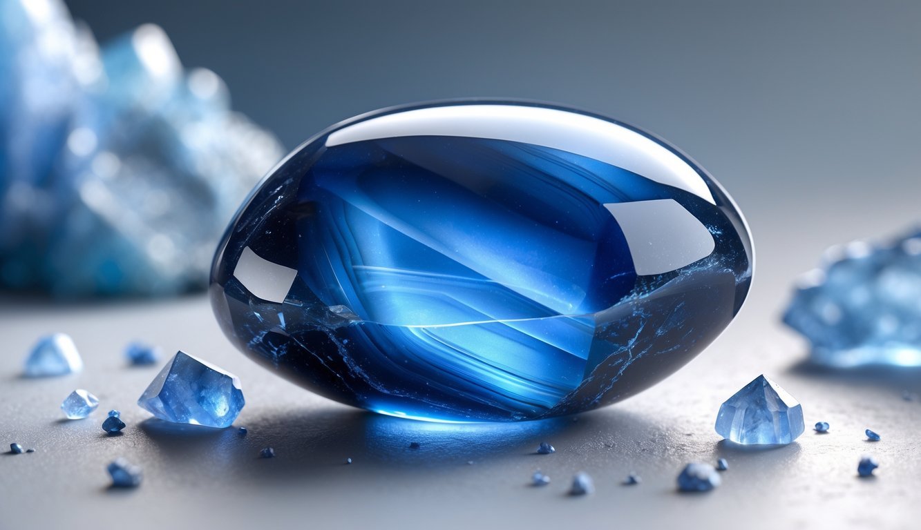 A polished blue obsidian gemstone resting on a soft surface with small crystals around it.