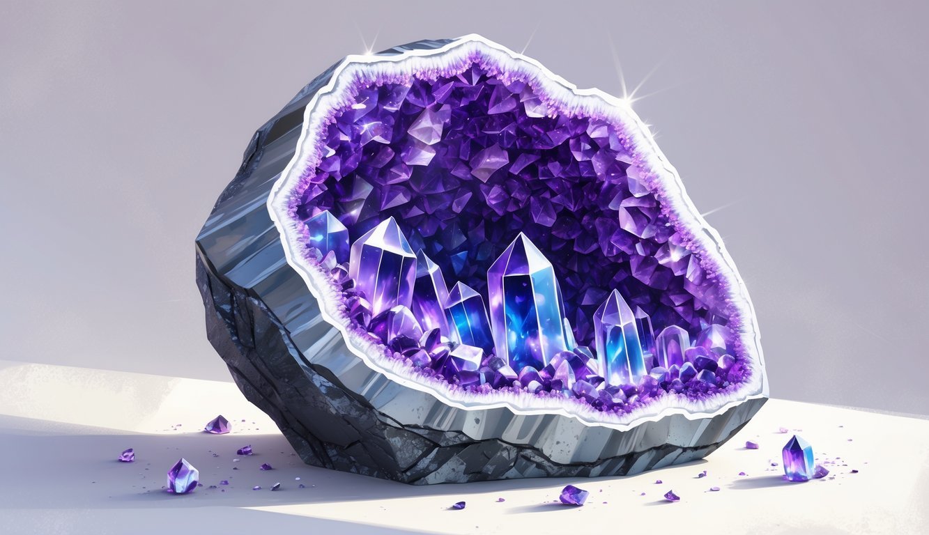 A large crystal geode cut open to show purple and blue crystals inside, placed on a white background with small crystal fragments around it.