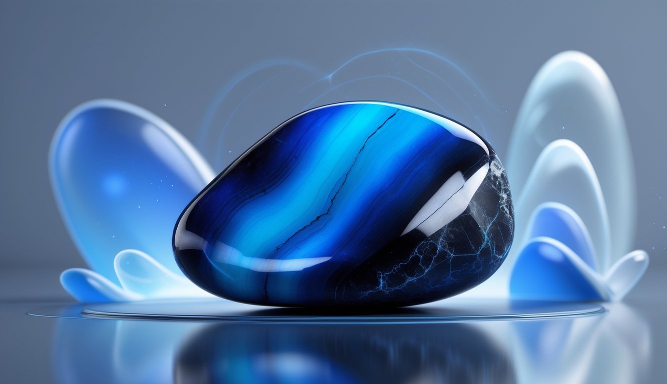 A polished blue obsidian stone glowing softly on a reflective surface with subtle blue and white light surrounding it.