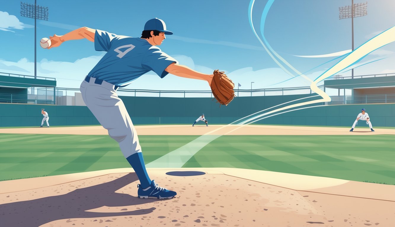 A baseball pitcher throwing a ball with a curved trajectory toward the batter on a baseball field.