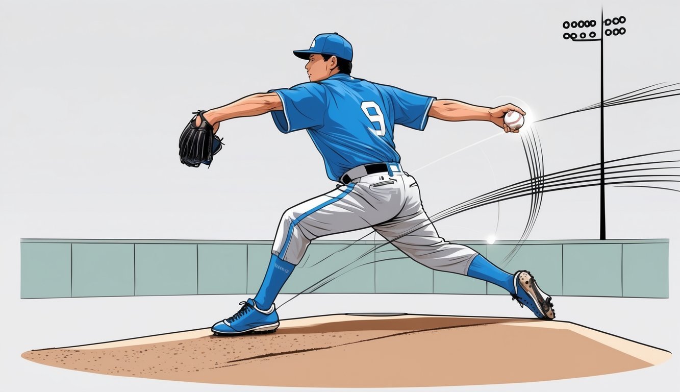 A baseball pitcher throwing a slider pitch, showing his grip on the ball and arm motion on a pitching mound.