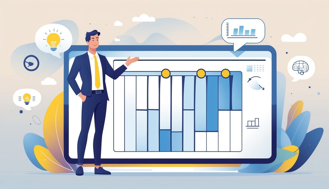A businessperson standing next to a large digital slider interface with icons representing ideas, growth, and communication around it.