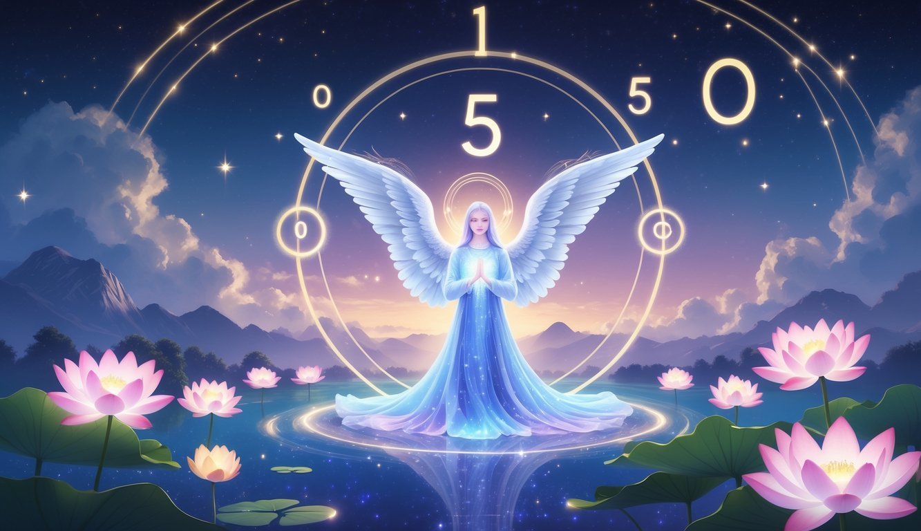 A glowing angelic figure surrounded by swirling light and mystical energy in a serene cosmic landscape with stars and glowing flowers.