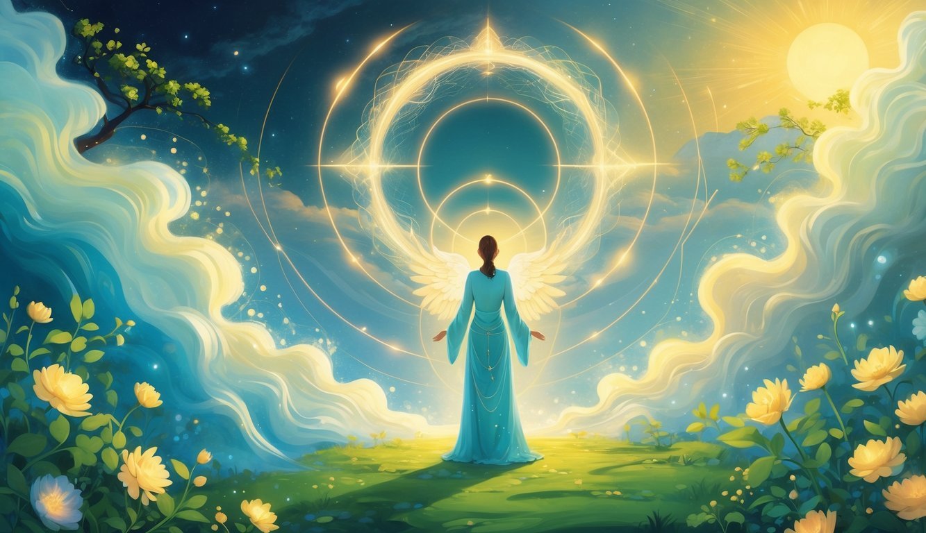 A person surrounded by glowing light and growing plants, symbolizing transformation, spiritual guidance, and personal growth.