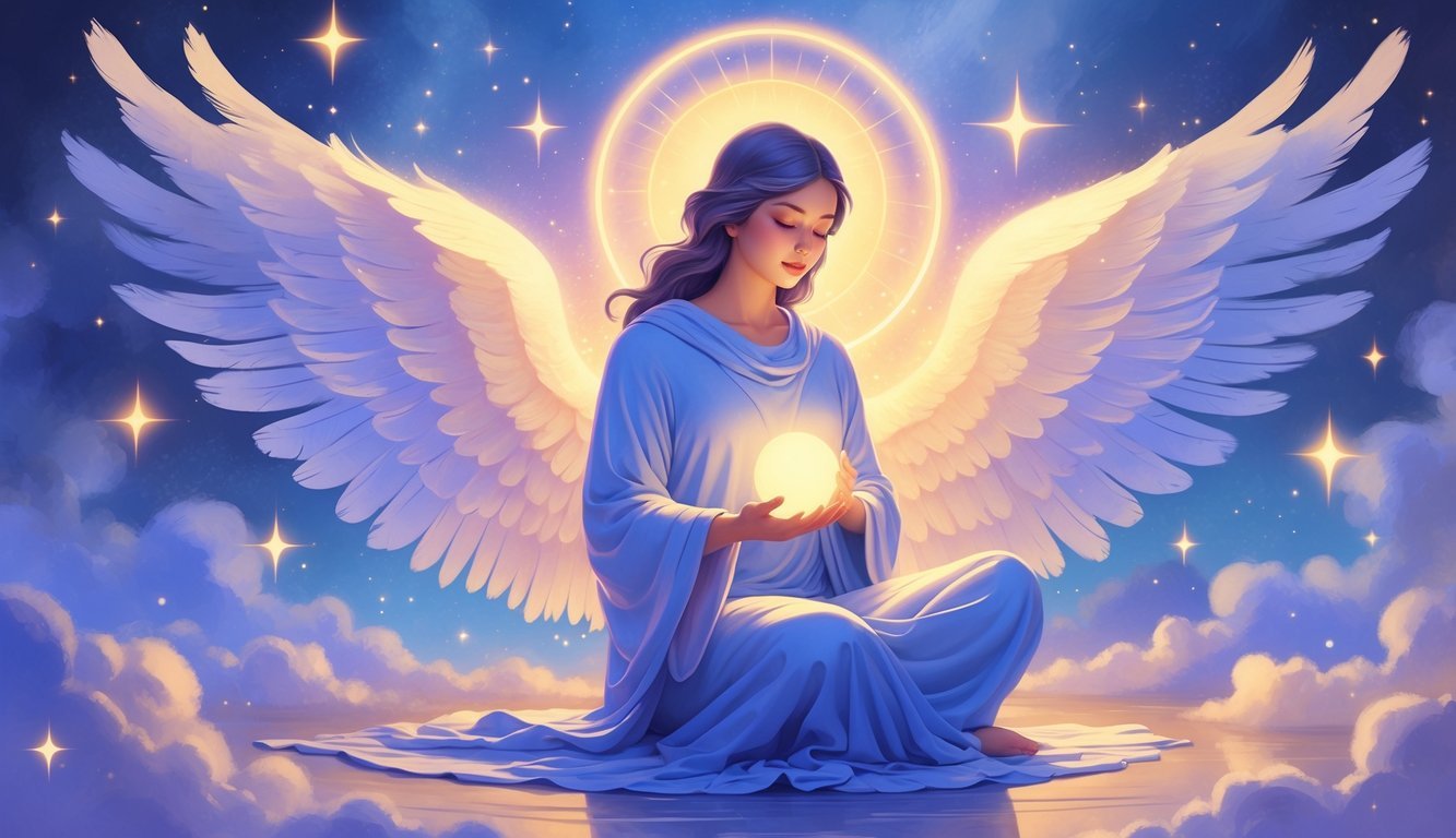 A glowing ethereal figure surrounded by celestial light and angelic wings, holding a glowing orb representing spiritual wisdom.