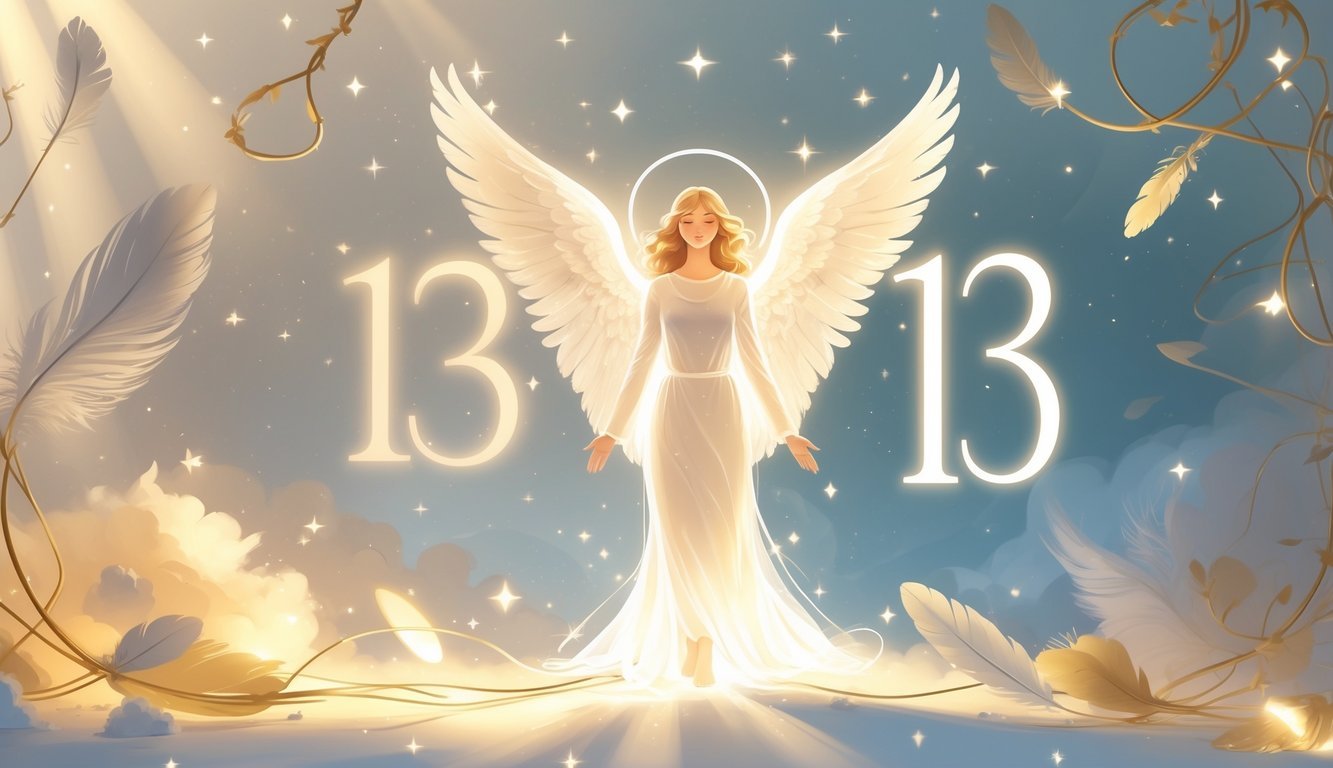 An angel with glowing wings surrounded by soft light and mystical symbols in a peaceful, ethereal setting.