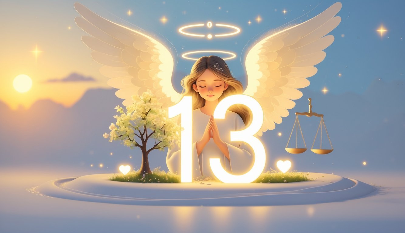 A glowing angel with wings surrounding a radiant number thirteen, with symbols of growth, balance, love, and new beginnings around it under a soft dawn sky.