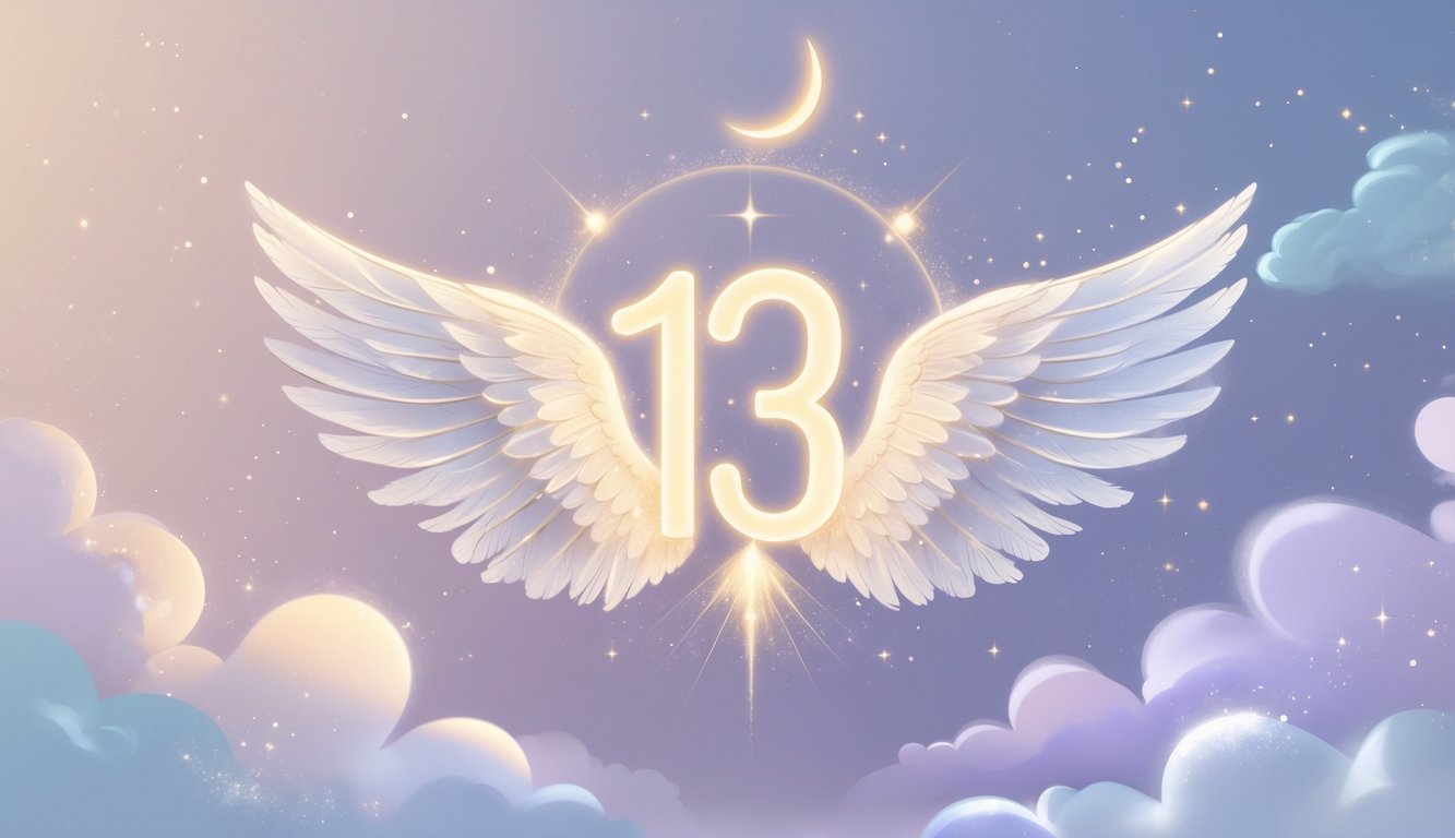 A glowing number 13 surrounded by angel wings, soft light beams, stars, and clouds against a pastel-colored sky.