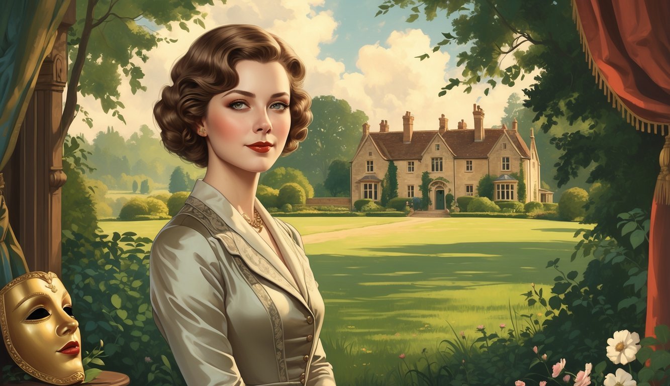A young woman dressed in early 20th-century clothing stands in a green countryside with a large manor house behind her, surrounded by subtle theatrical elements.