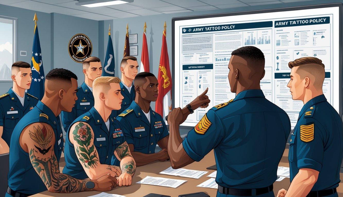Soldiers in uniform listening to a commanding officer explaining tattoo guidelines using a chart in a military briefing room.