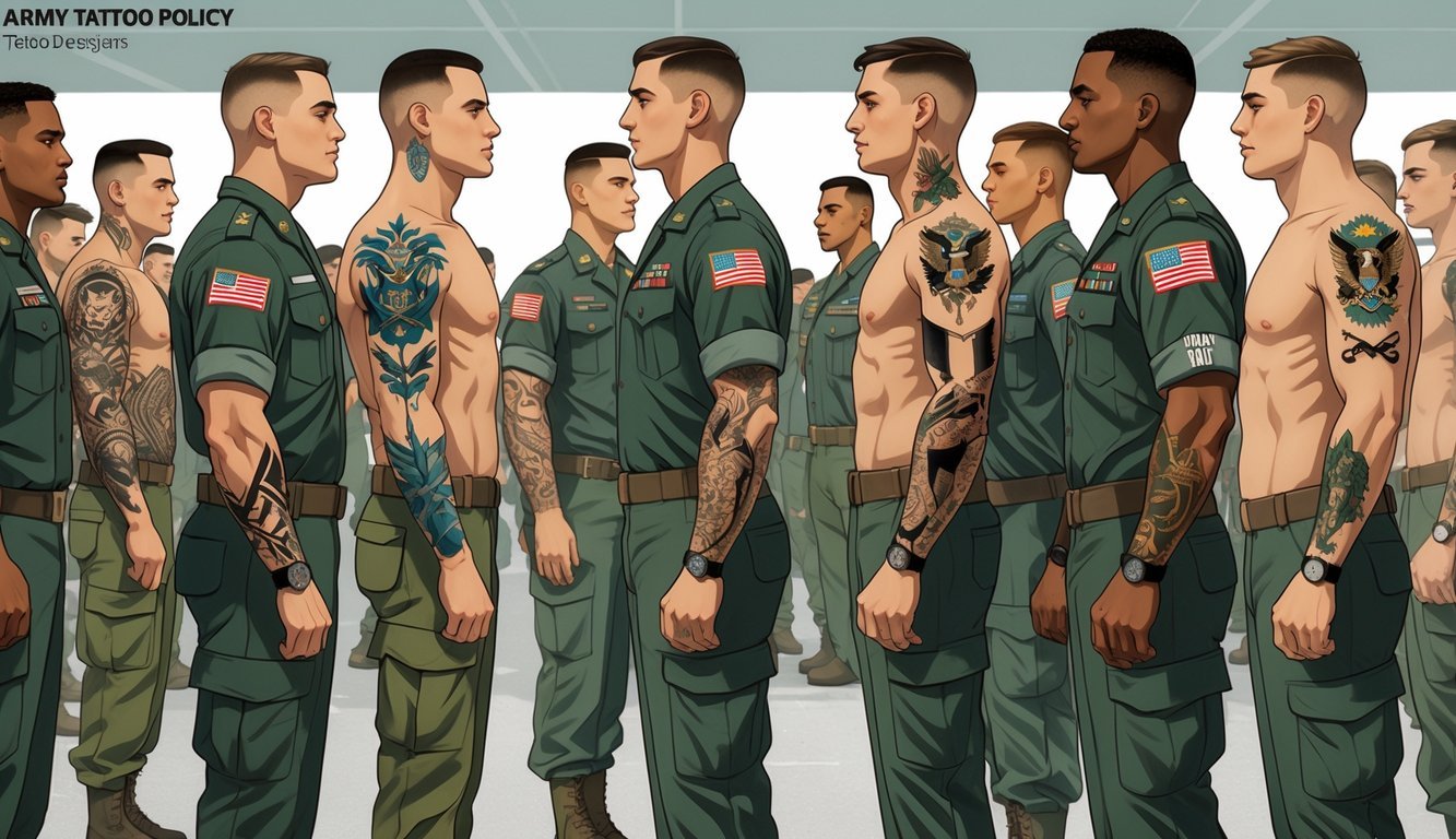 A group of soldiers in uniform showing tattoos on allowed body areas, with some skin zones highlighted to indicate tattoo restrictions.