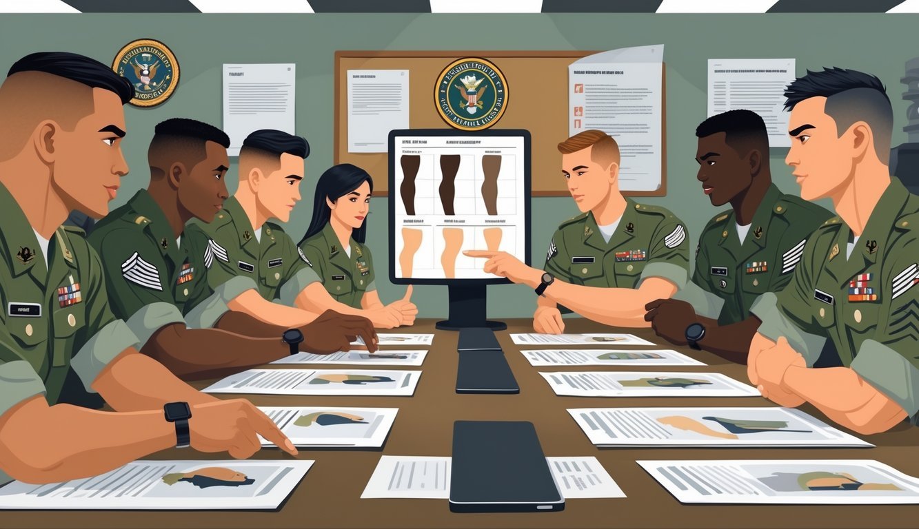 A group of soldiers in uniform discussing tattoo policy guidelines around a table with digital screens showing tattoo placement illustrations.