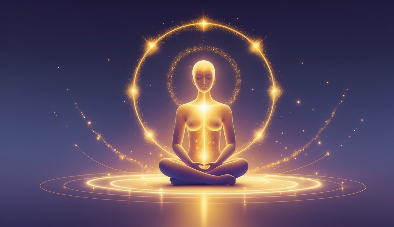 A peaceful person surrounded by a glowing golden light that radiates warmth and energy against a dark blue and purple background.