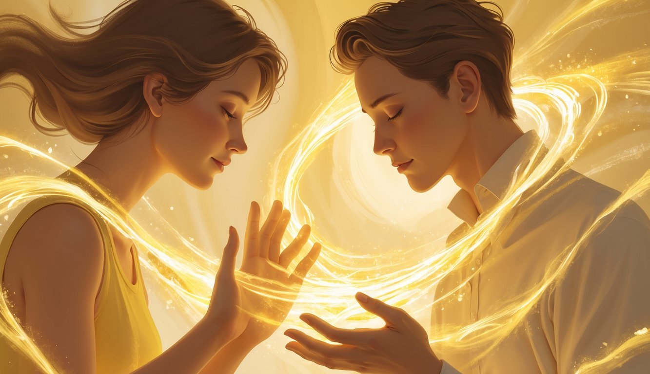 A person gently interacting with a glowing gold aura surrounding another individual in a calm and mystical setting.